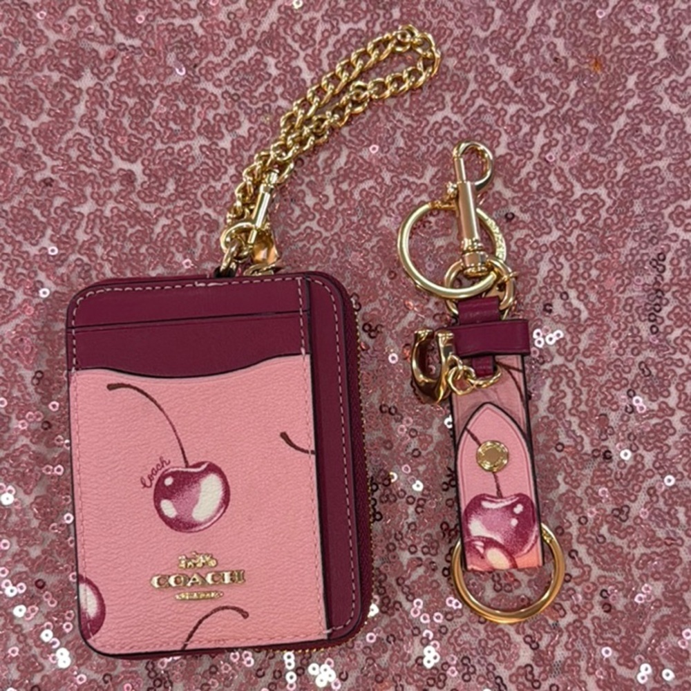 NWT Coach Cherry Print Card Holder and Keychain Set